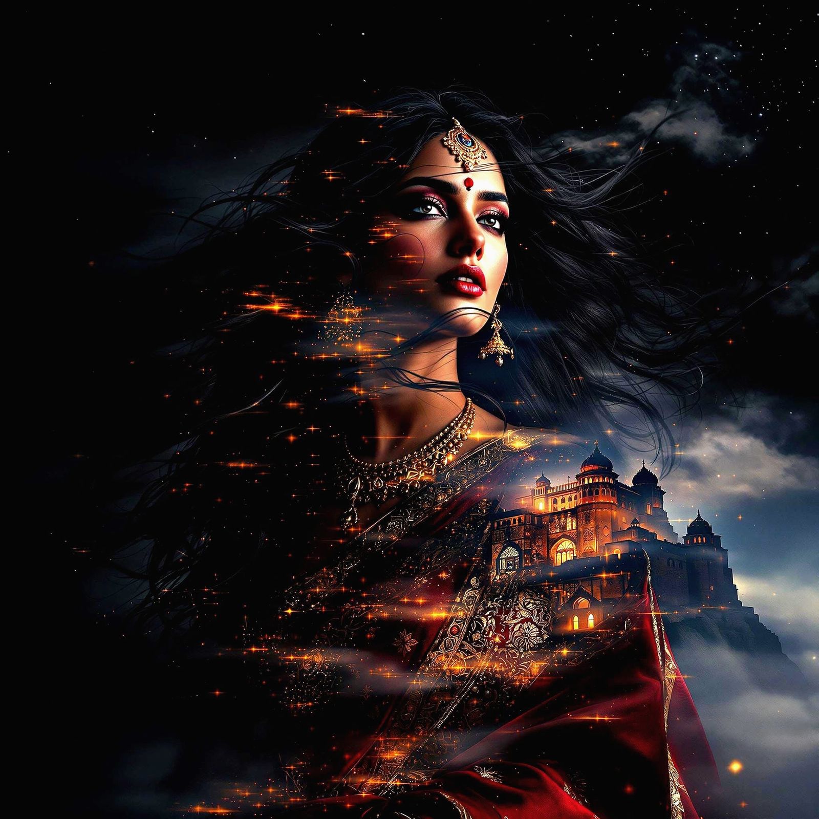 Mystical Hindu Woman in Neon Landscape