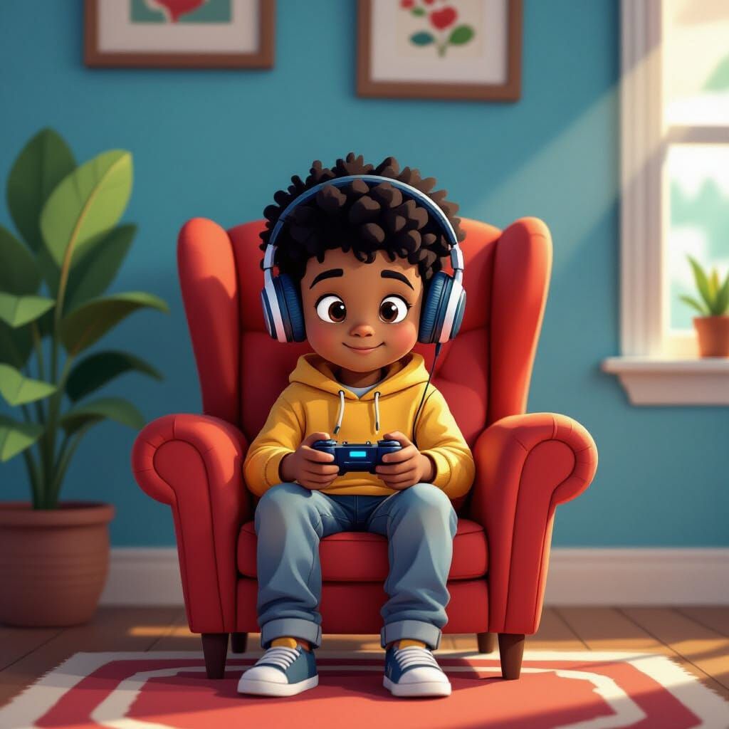 Boy Plays Video Game in Blue Room on Red Chair