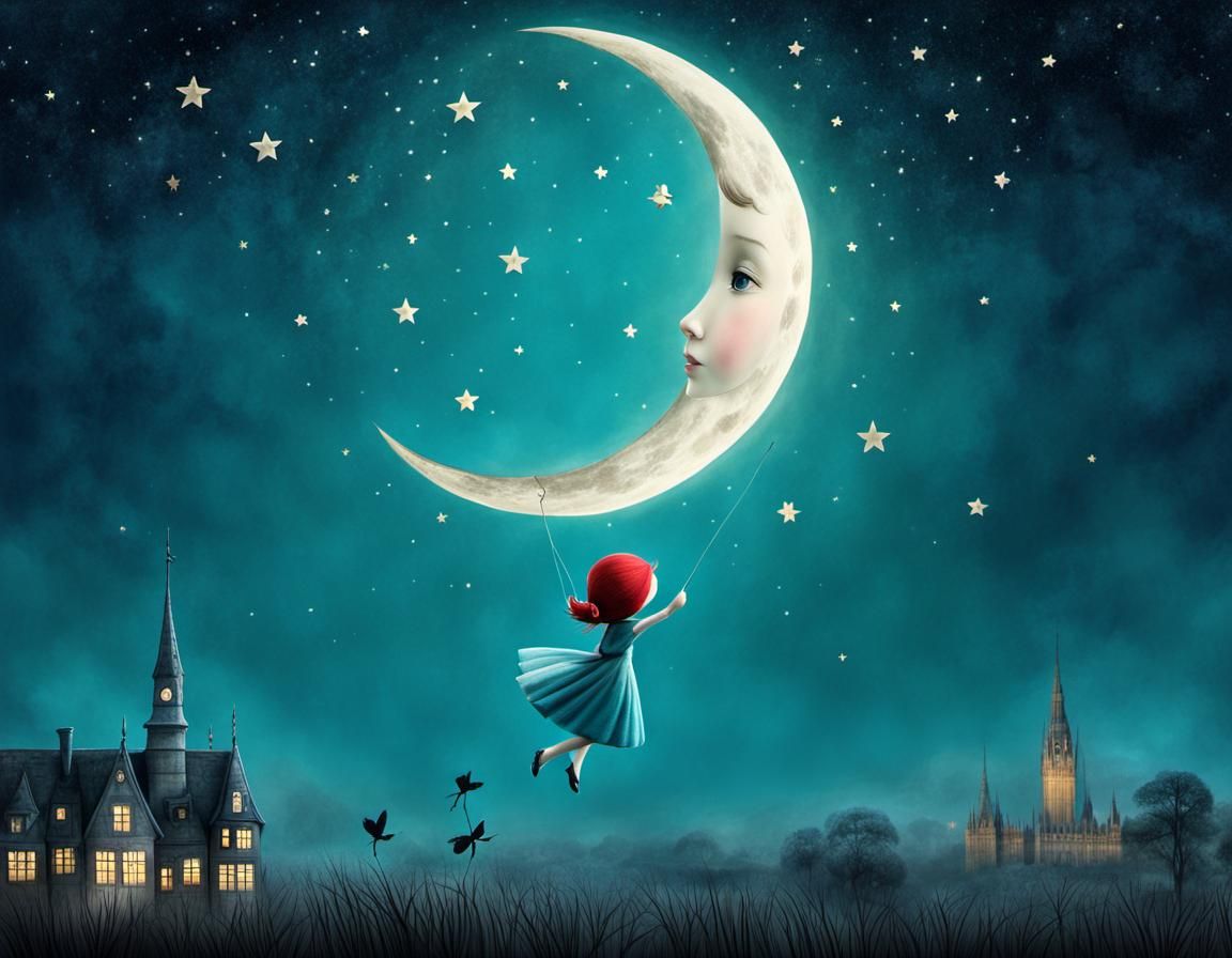 Magical Moon Flight Illustration in Children's Book Style