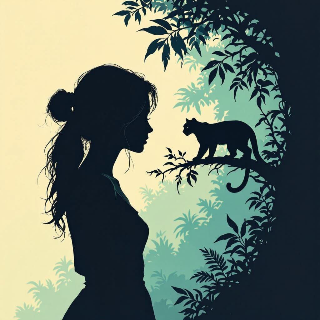 Surreal Double Exposure: Woman's Silhouette with Glowing Jun...