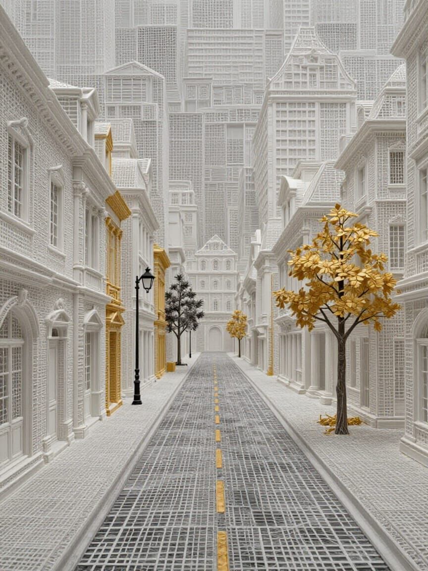 Surreal City Street in White Lattice Structure