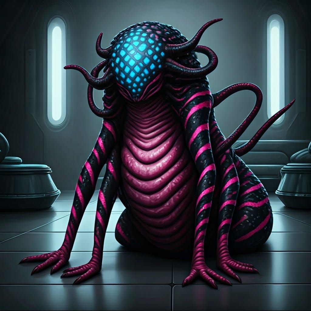 Bizarre Six-Limbed Alien Creature in Sci-Fi Room