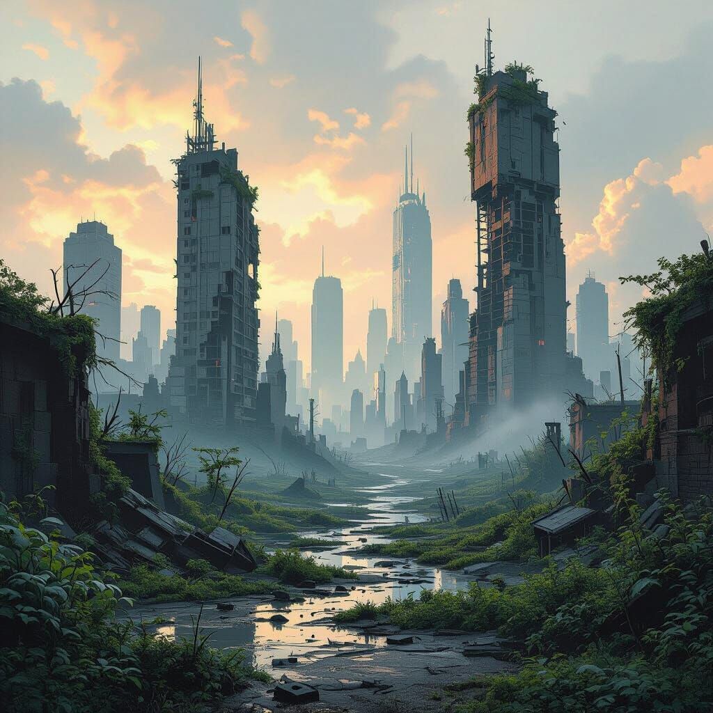 Dystopian Cityscape with Overgrown Vegetation