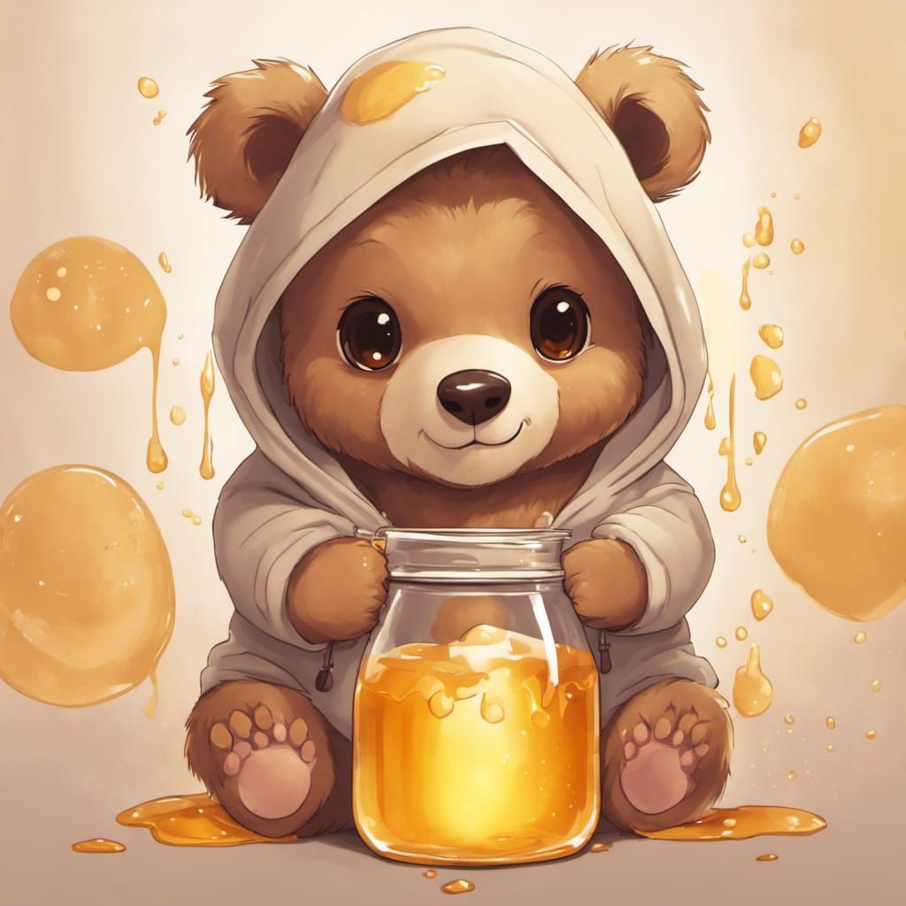 Adorable Chibi Baby Bear with Honey