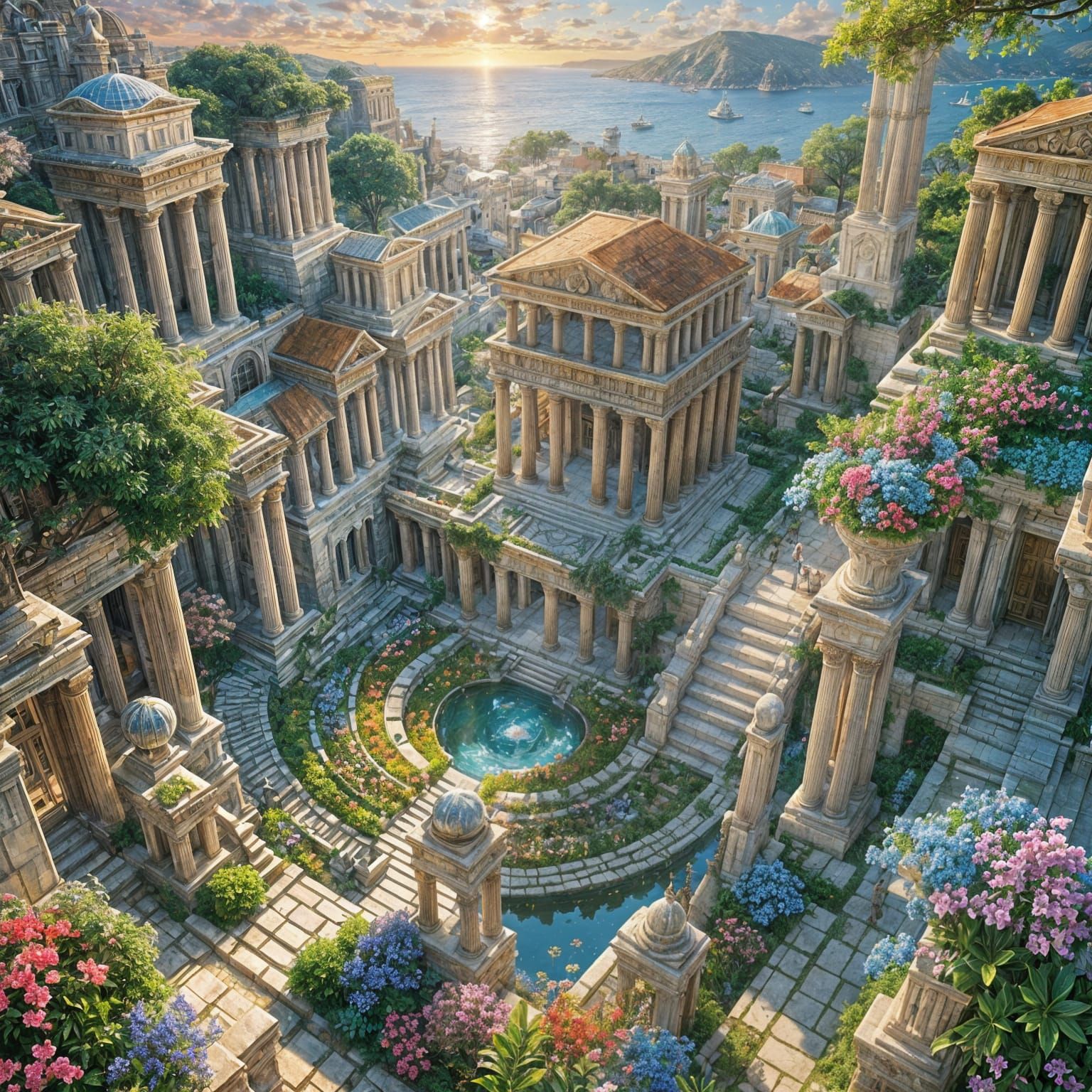 Heavenly Greek Temple Garden: Hyperdetailed Fantasy Art