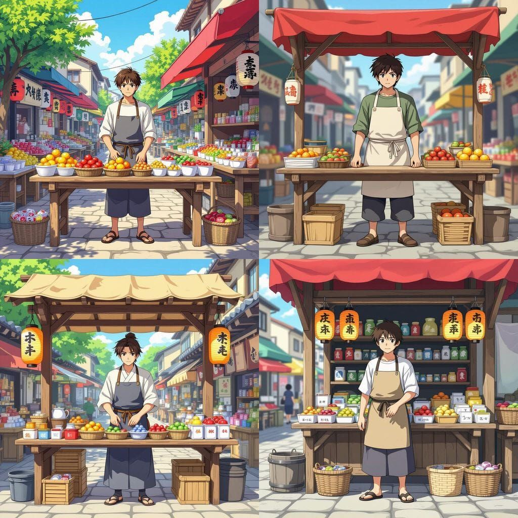 Anime Merchant in Stylized Market Street