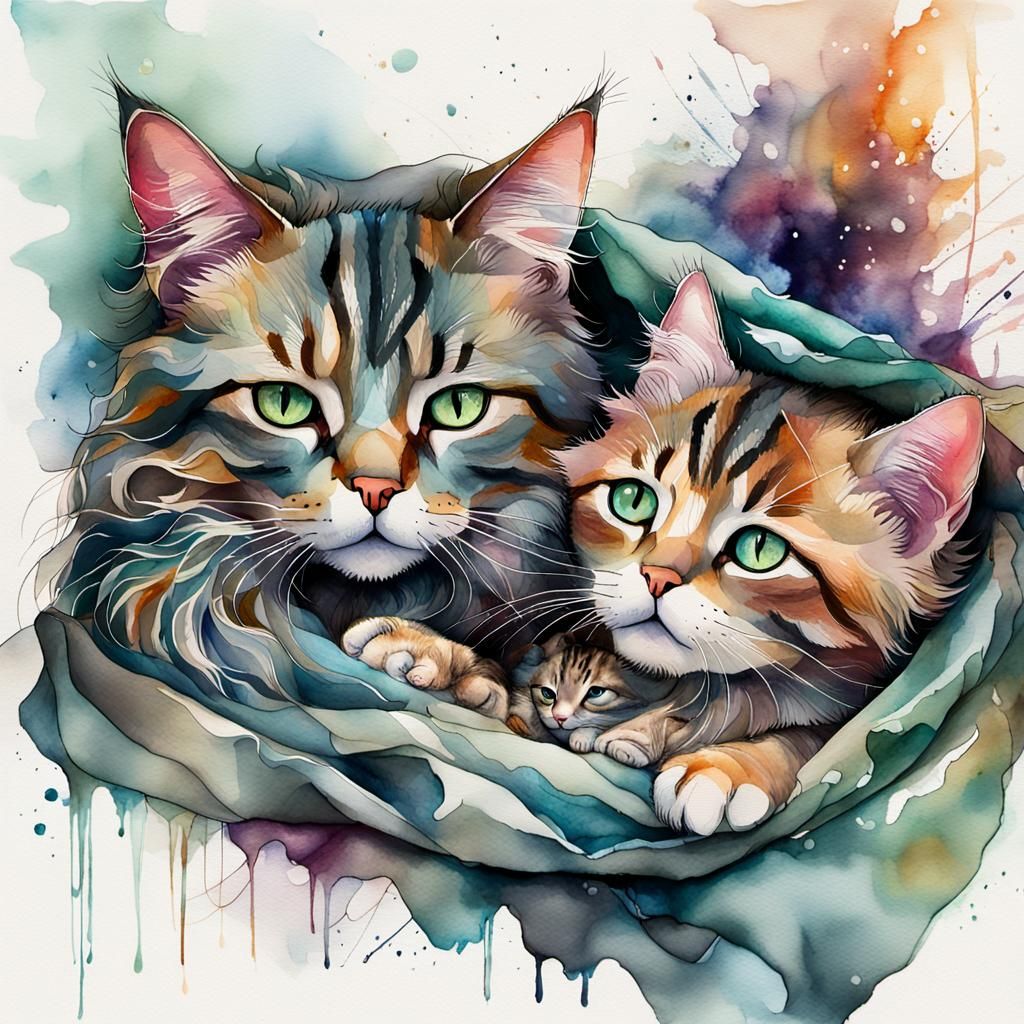 Mother Cat and Kitten Snuggle: Watercolor and Ink