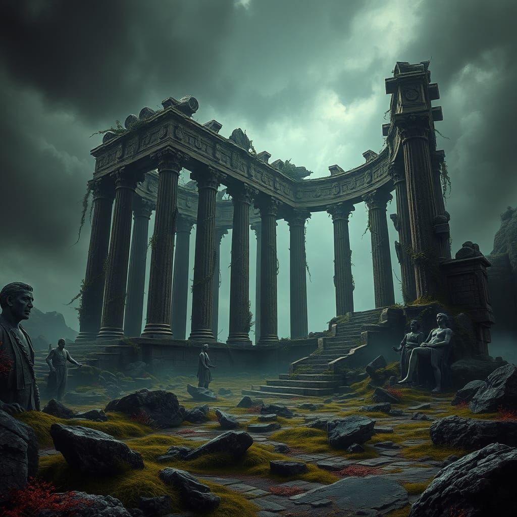 Ruined Temple in Stormy Landscape: Dark Mystical Art