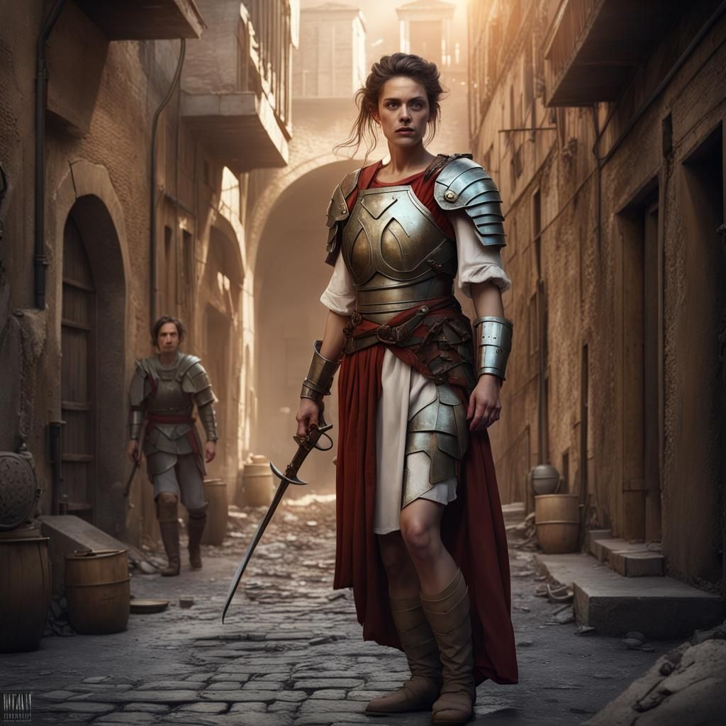 Roman Military Doctor in City Alley, Detailed Matte Painting