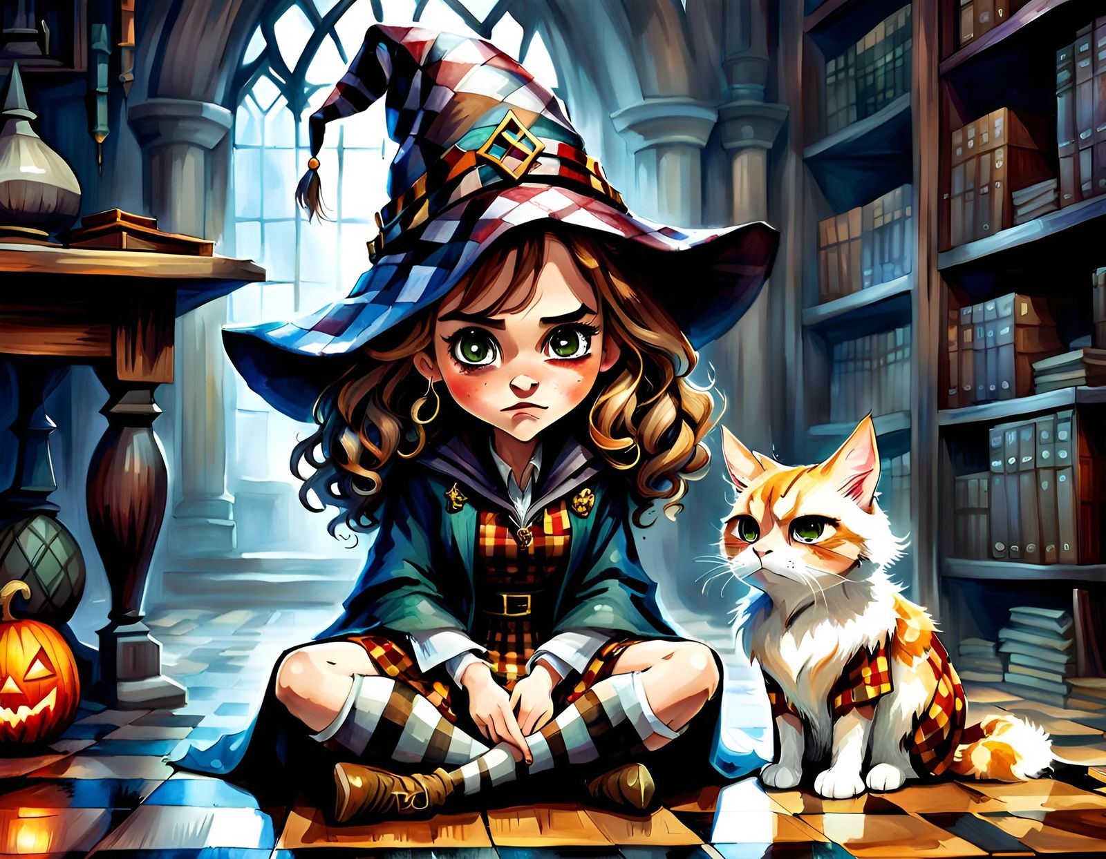 Charming Chibi Sorceress with Kitten: Watercolor Fantasy