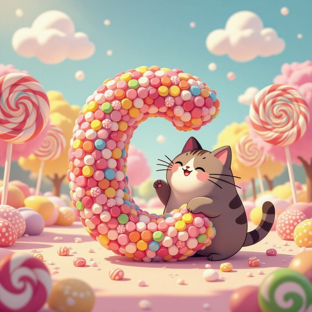 Cartoon Cat Bites Giant Candy Letter C in Candy World