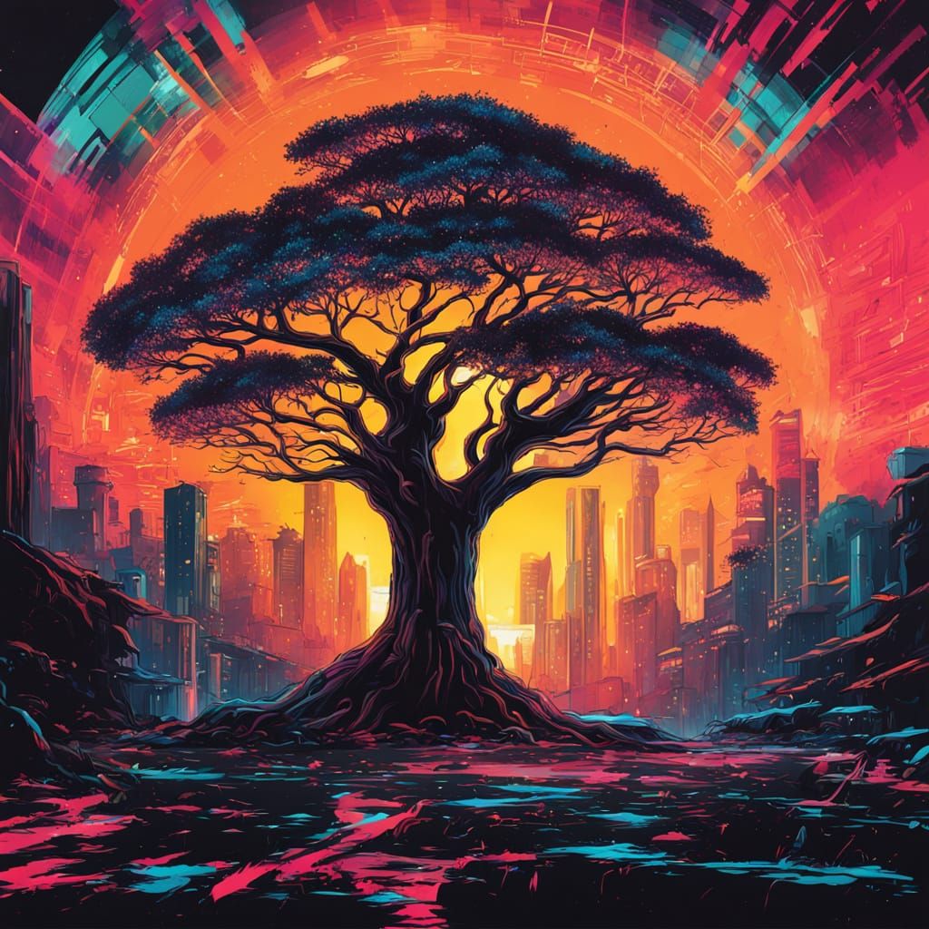 Cosmic Trees in Cyberpunk Sunset: A Forgiving World
