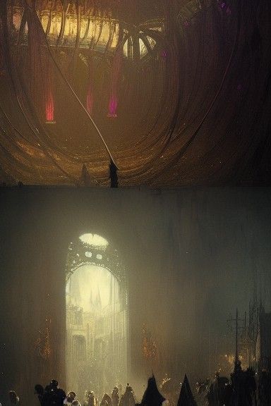 Colorful Horror Amusement Park in Engraving Style