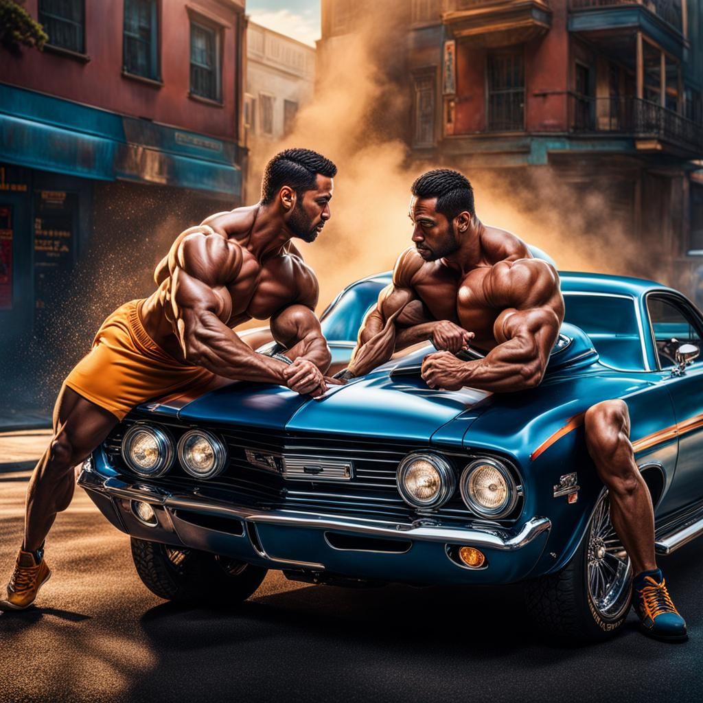 Bodybuilders Merging with Car: Hyperrealistic Photo