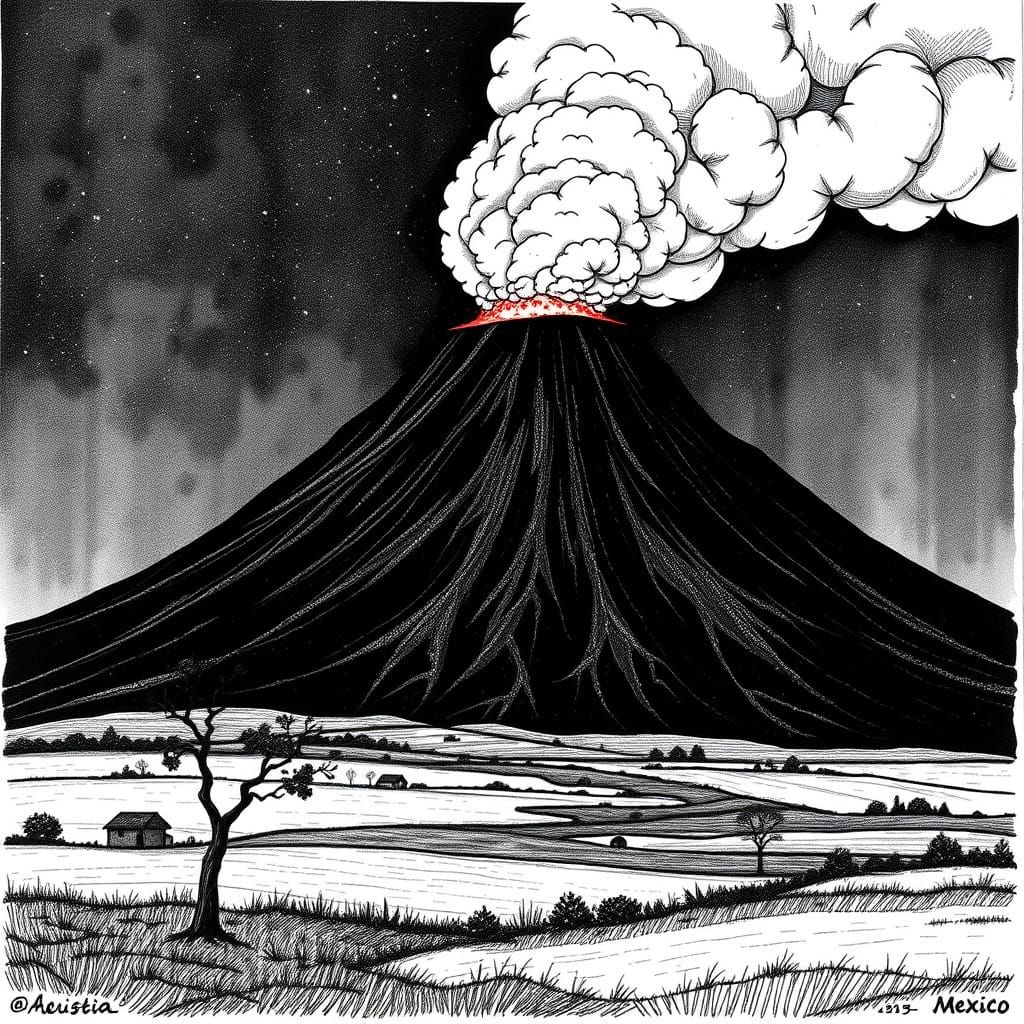 Intricate ink drawing of the mighty Paricutin Volcano