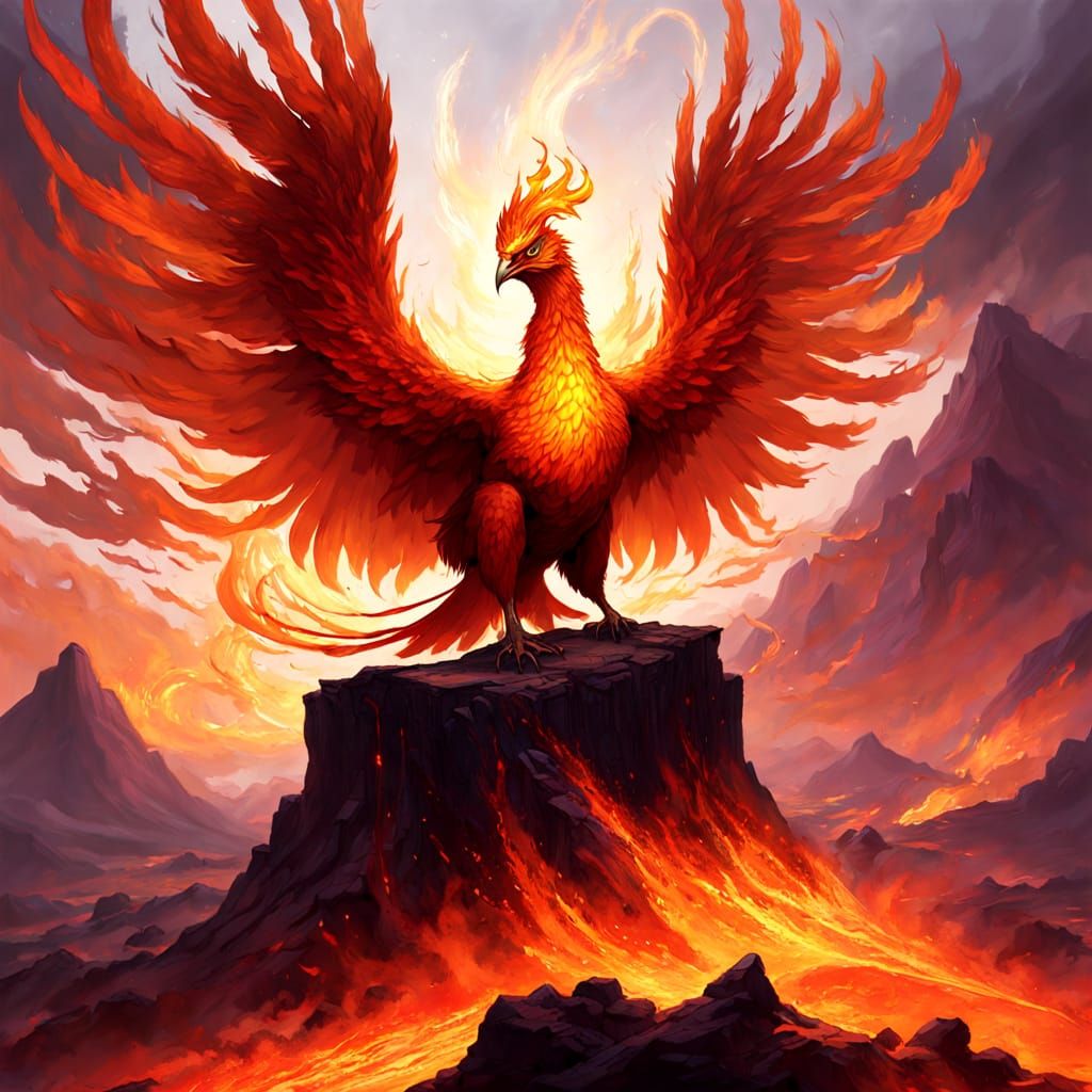 Majestic Phoenix Erupts from Volcano at Sunset