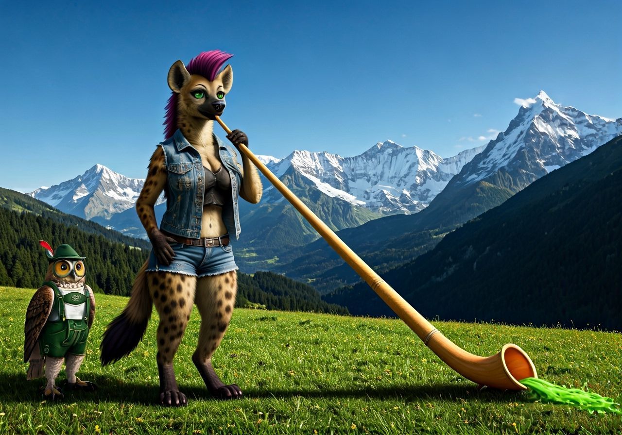 Anthropomorphic She-Hyena Plays Alphorn in Swiss Alps