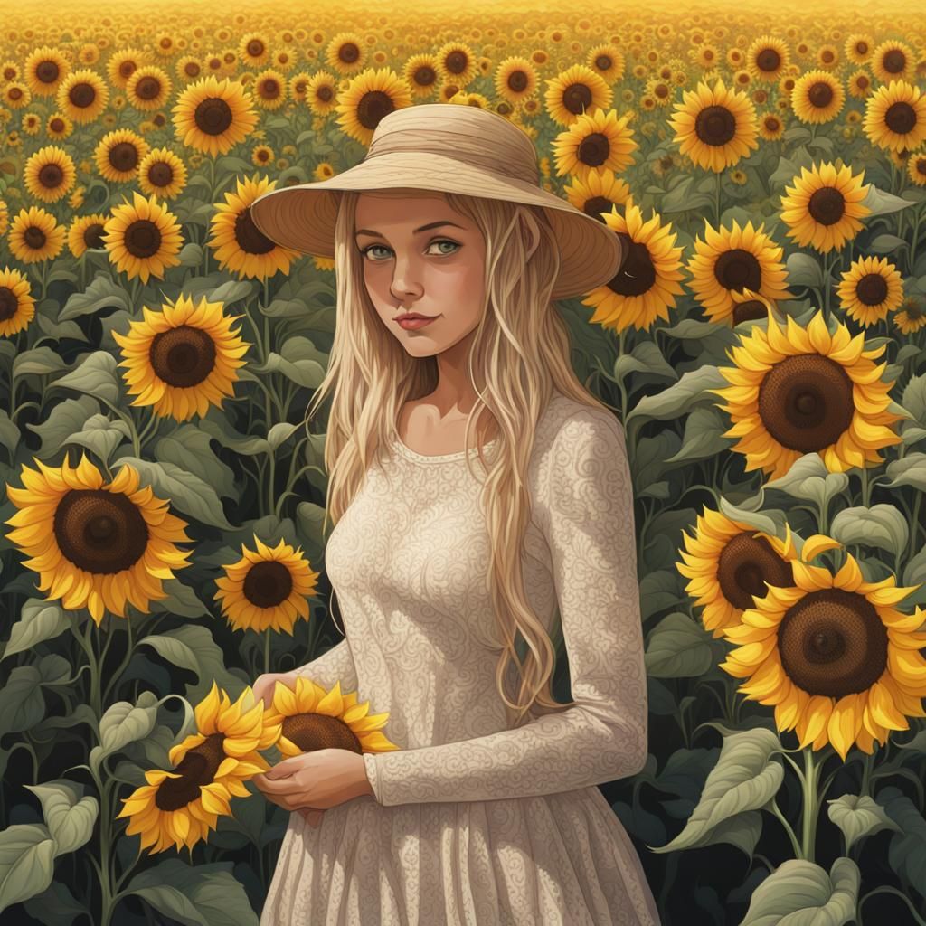 Lacy Lady Amidst Sunflowers: AI Art