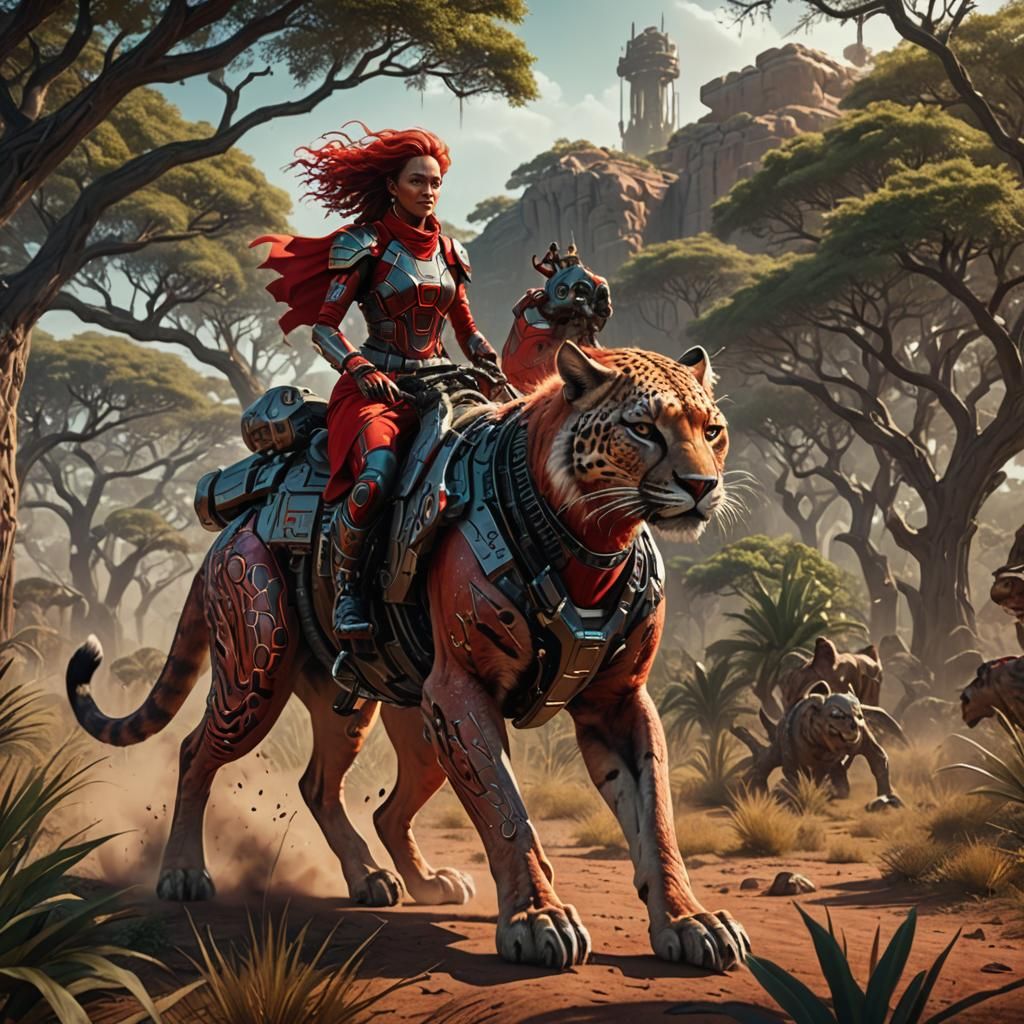Red Woman Rides Cyber-Puma in Savannah Fantasy Art