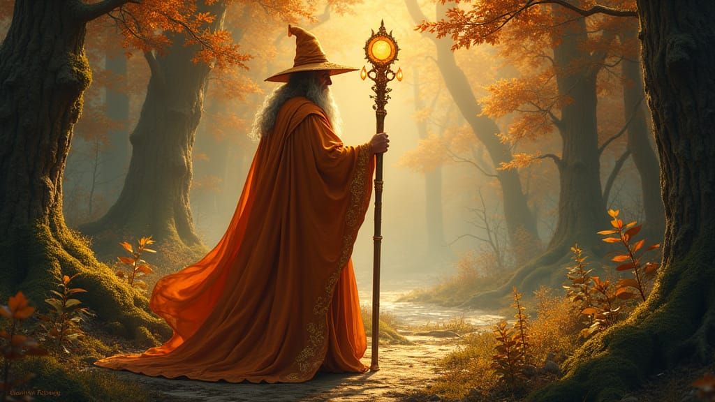Mystical Wizard in Orange Robe Surveying Ancient Forest