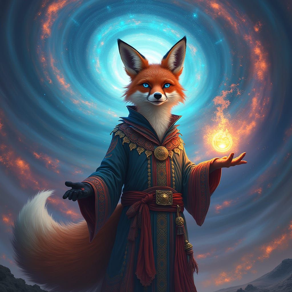 Mystical Fox Sorcerer in Kaleidoscopic Dreamscape