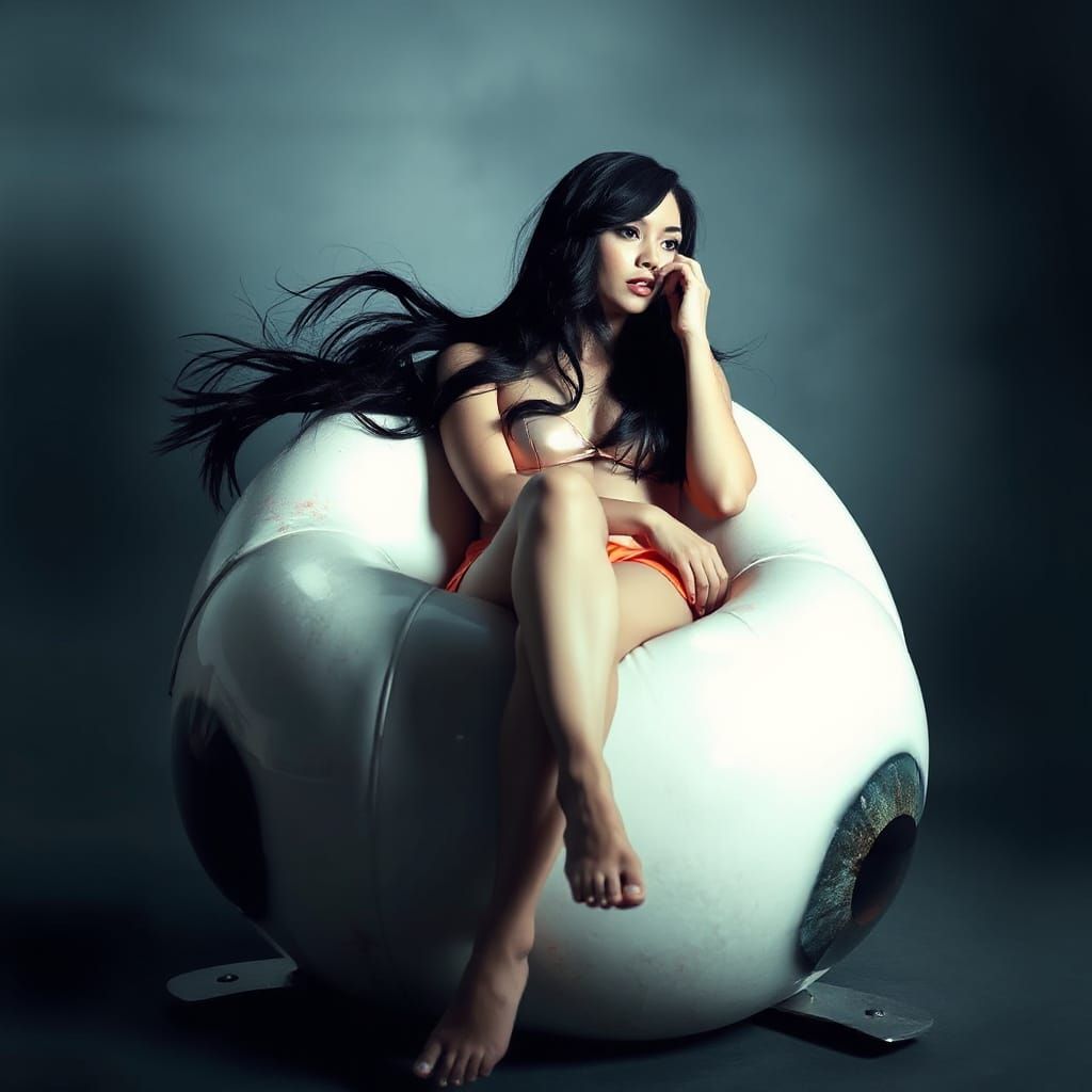 Ethereal Woman Reclines on Eyeball Chair