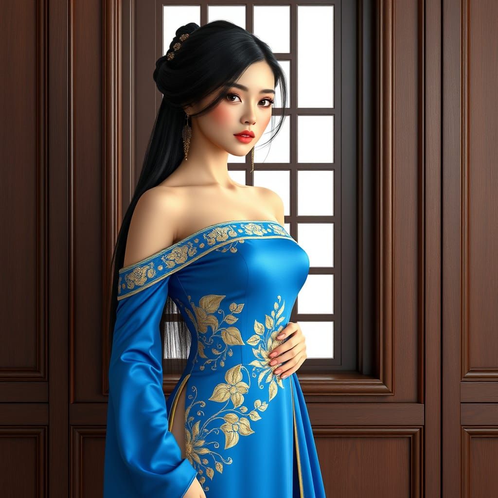 Glamorous Chinese Woman in Blue Gown: 3D Digital Art