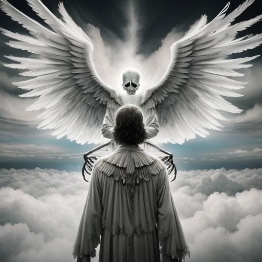 in the clouds , color  Infrared  photography,   Jerry Uelsmann, apparition of a winged  skeleton angel, angel of Death, ...