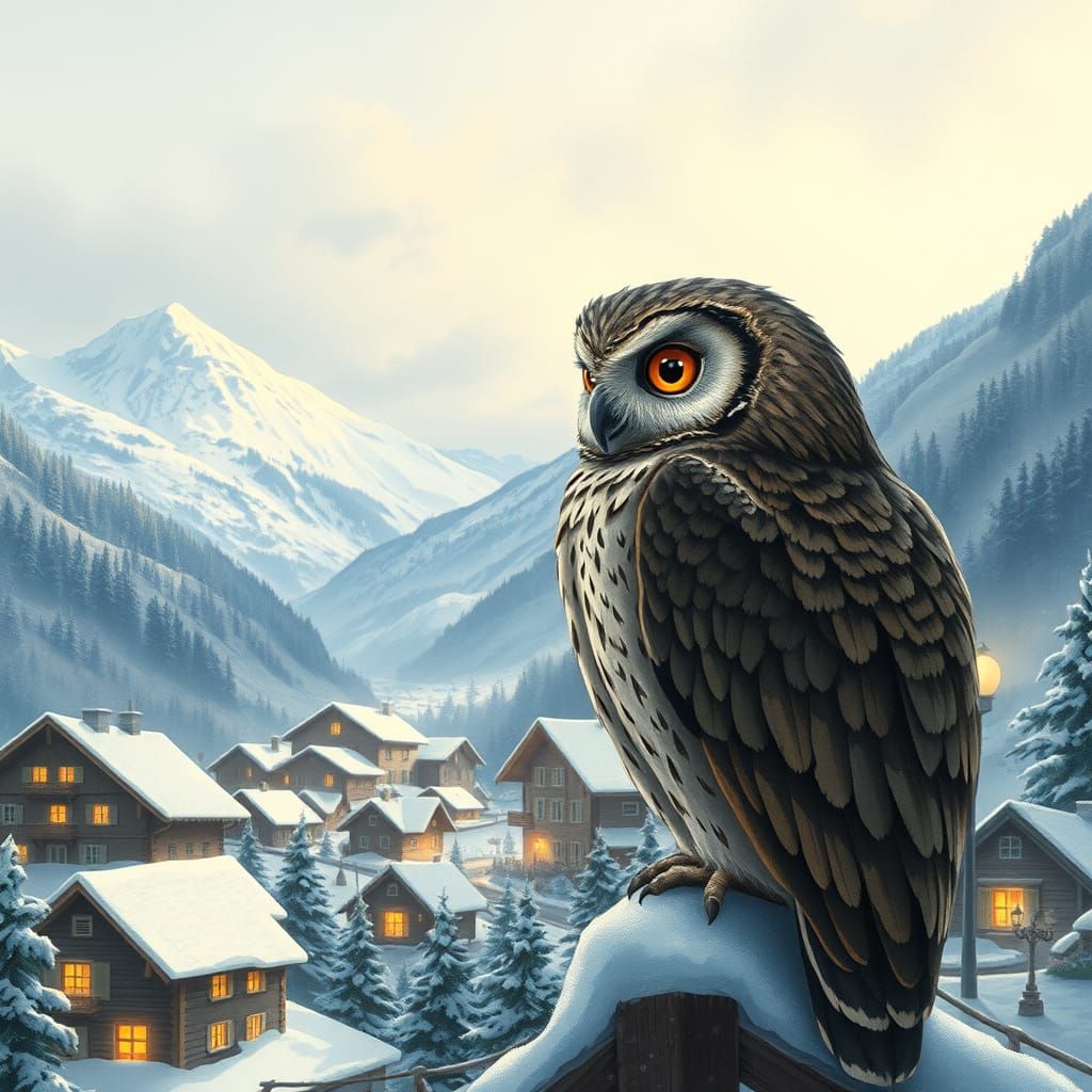 Storybook Owl Over Cozy Alpine Village