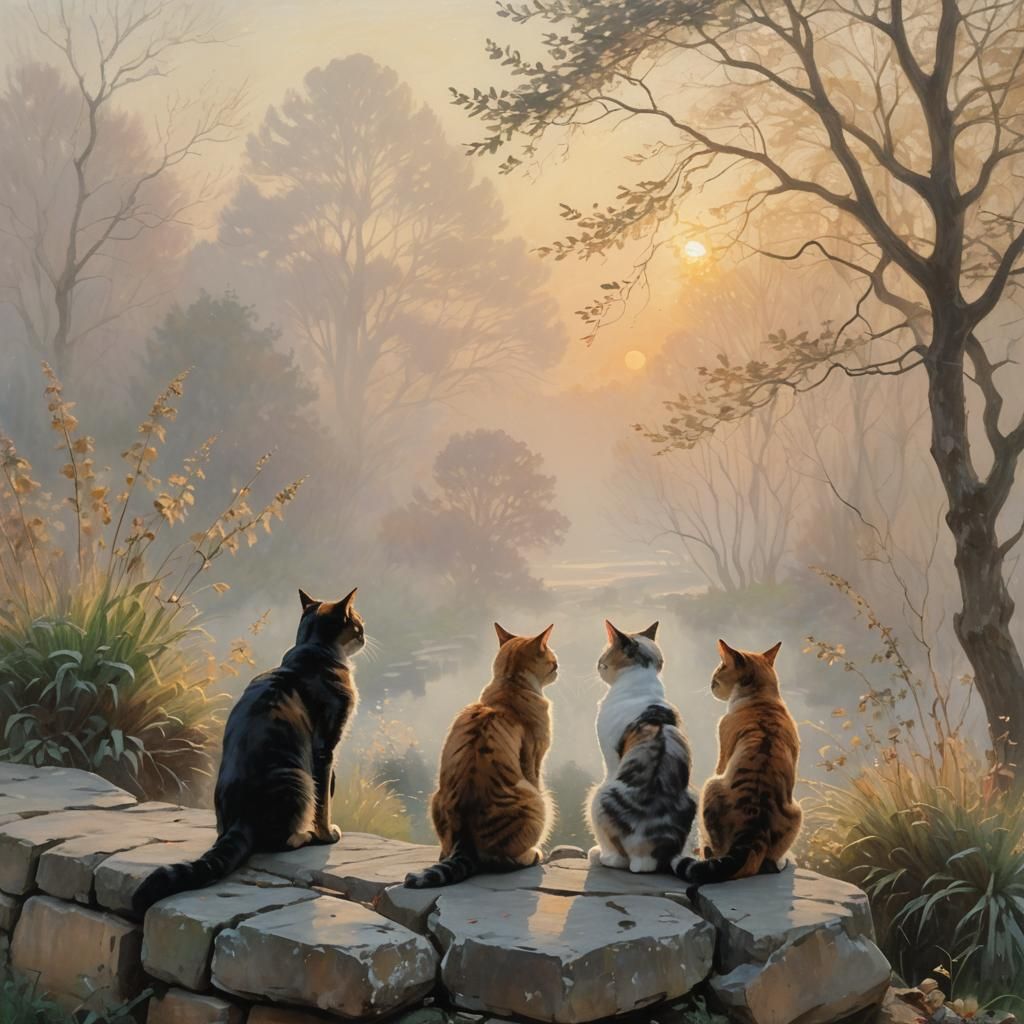 Cats Silhouetted at Misty Sunrise in Impressionist Style