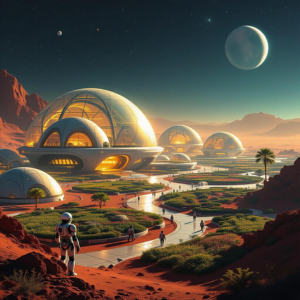 Biodome City on Mars: Organic Structures Glow