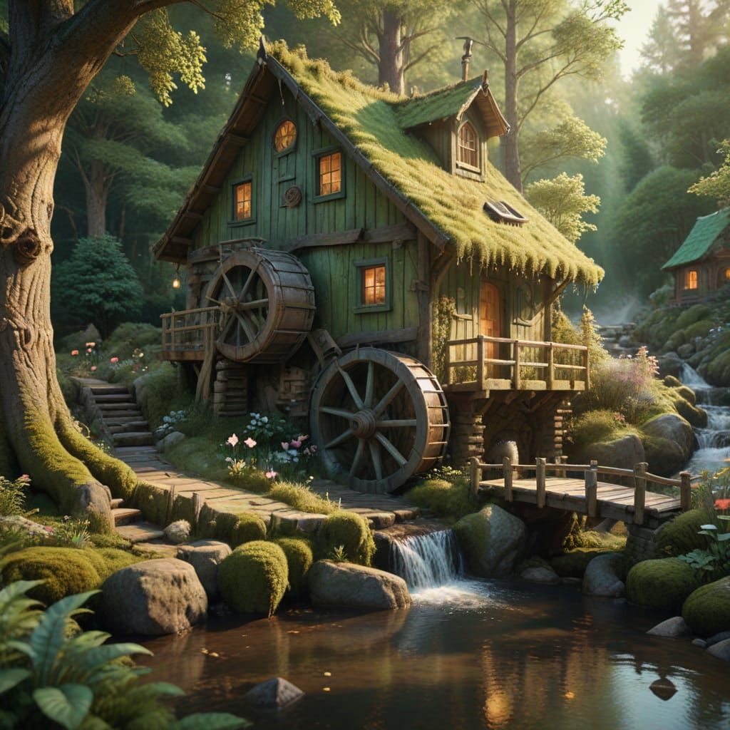 Whimsical fantasy art. A rustic waterwheel turns beside a quiet cabin in the woods