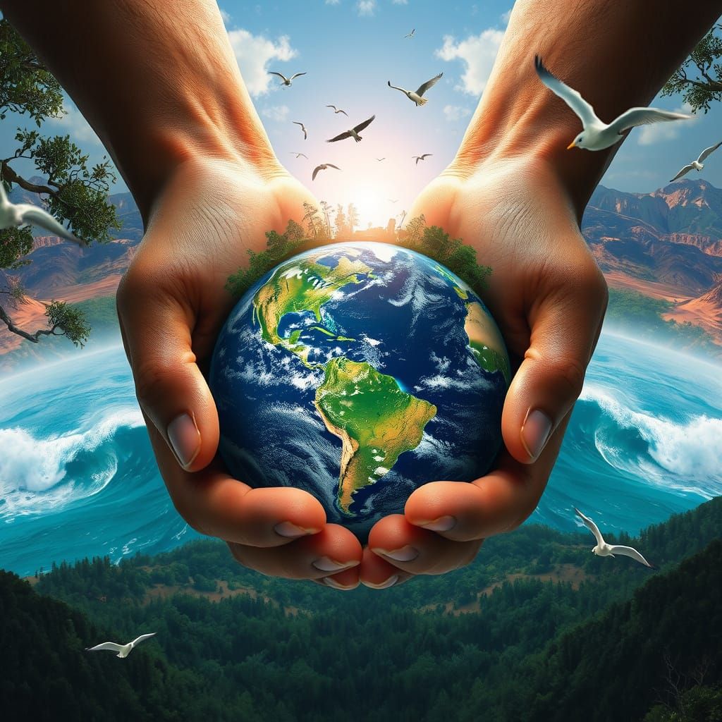 Hands Cradling Earth with Melting Nature