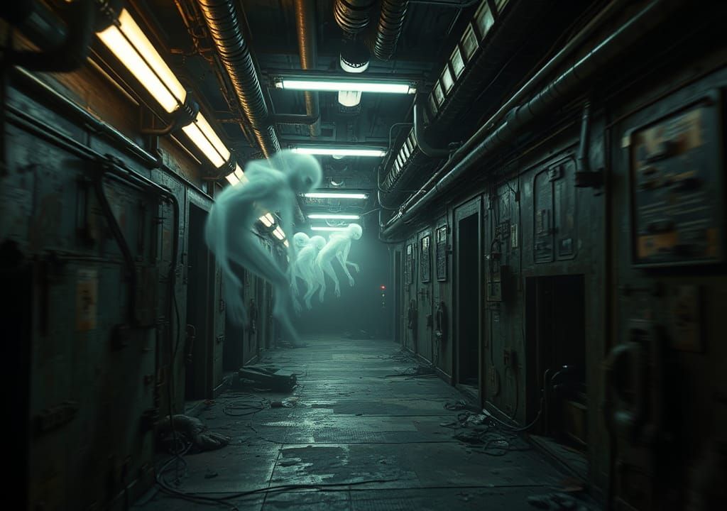 Eerie Abandoned Spacehulk Corridors with Ghostly Aliens