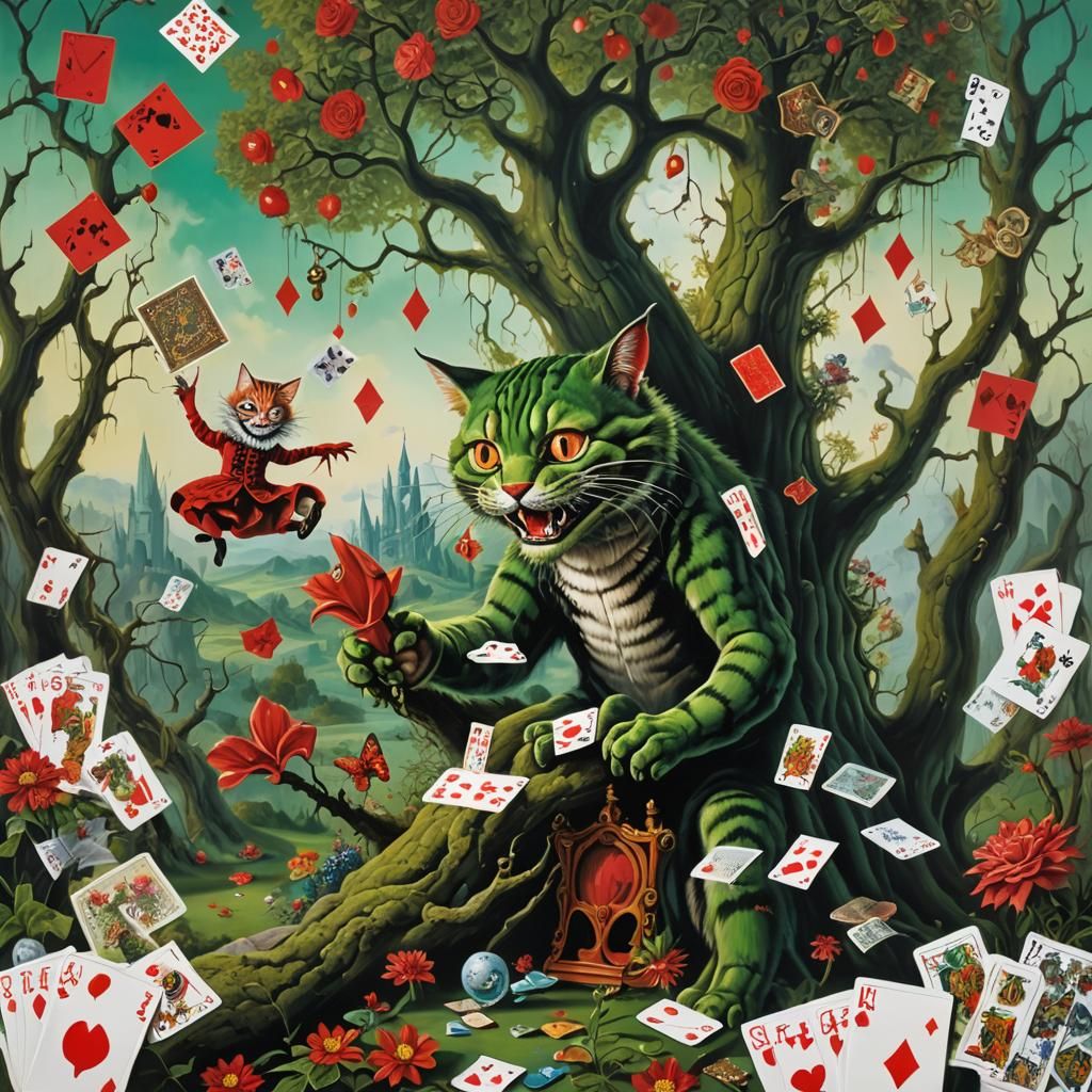 A beautiful scenic picture of wonderland showing the red Queens castle and playing cards everything and a cheshire cat s...