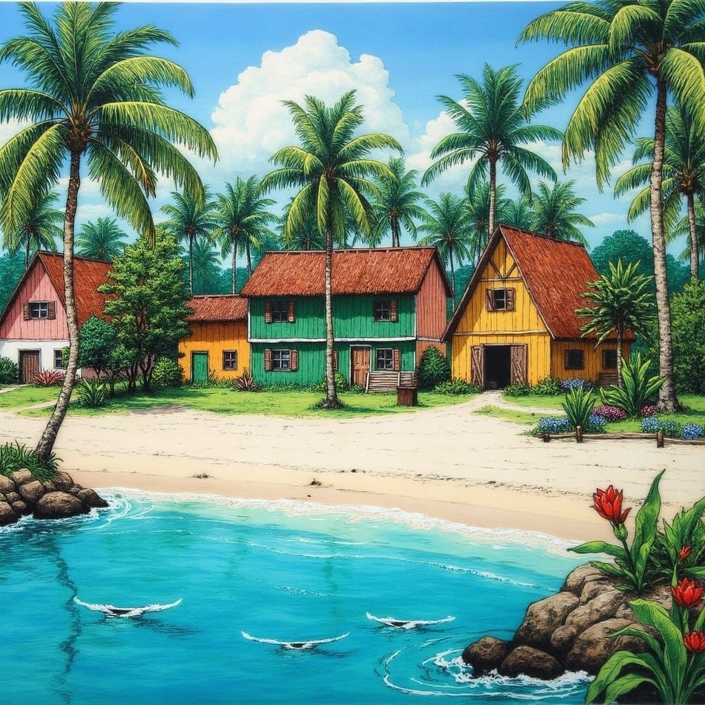 Tropical Village in Impressionist Folk Art Style