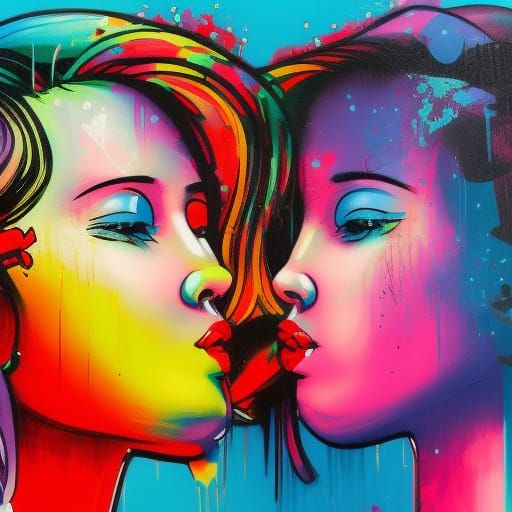 Graffiti Art: Two Girls Kissing in Street Art Style