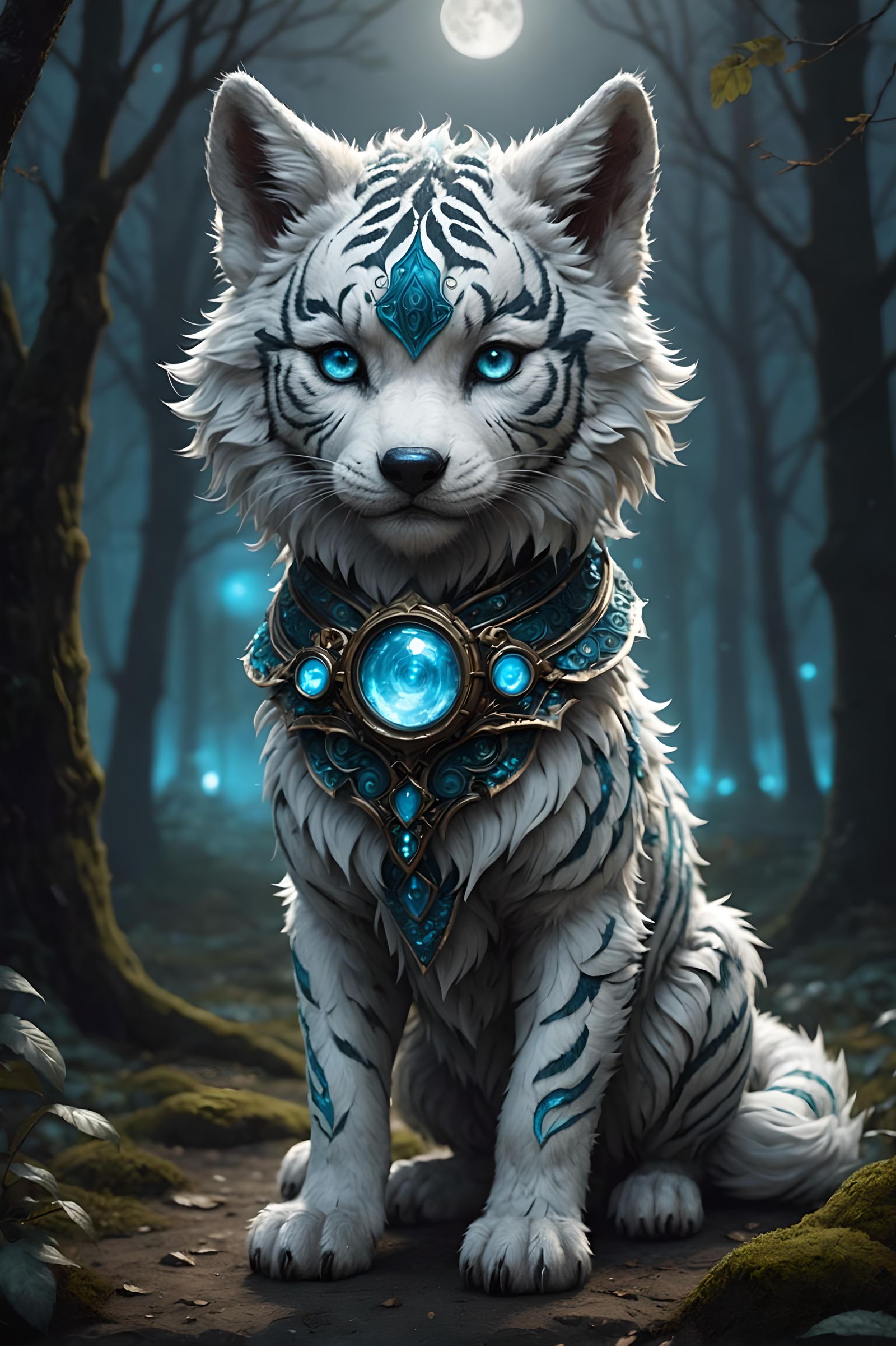 Chibi Wolf-Tiger Hybrid in Moonlight, Digital Art