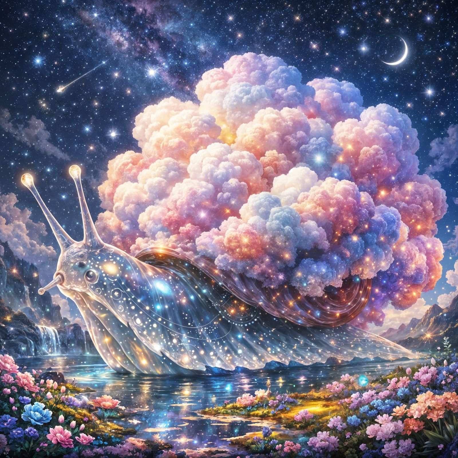 Fantasy Art of Cloud-Shelled Snail in Dreamlike Landscape