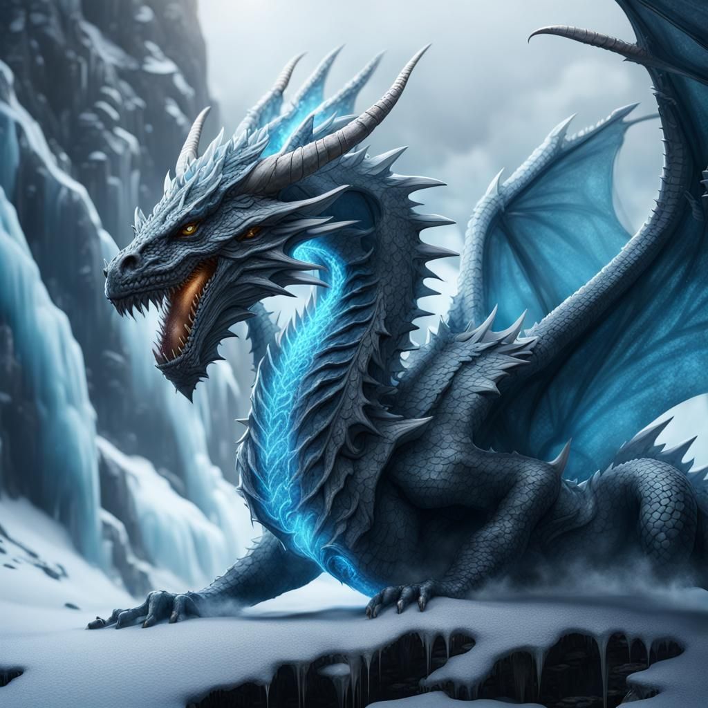 Ice-Breathing Dragon in Detailed Digital Painting