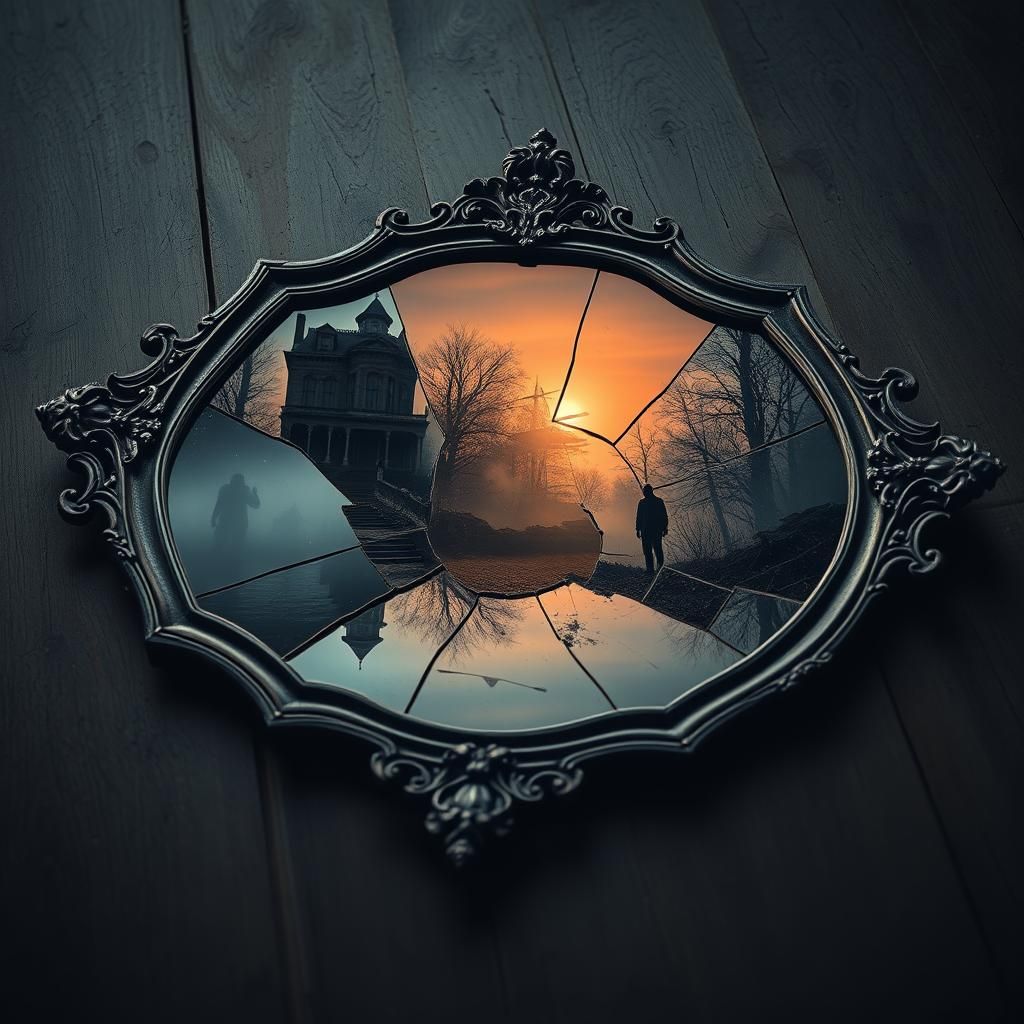 Shattered Mirror Reflecting Macabre Scenes in Beksiński Styl...