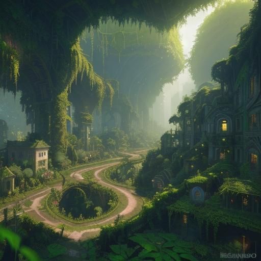 Overgrown City: A Cubist Fantasy Landscape