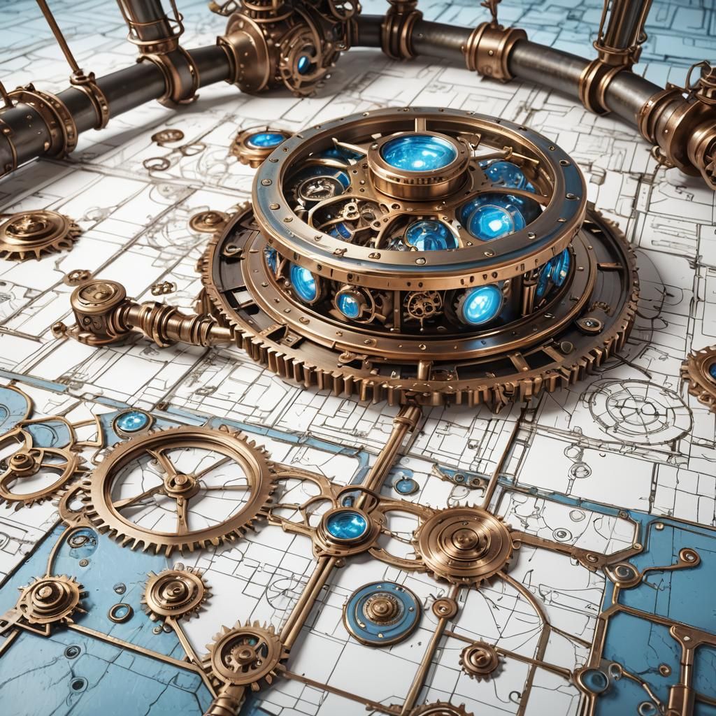 Steampunk Machine with Blue Light in 3D