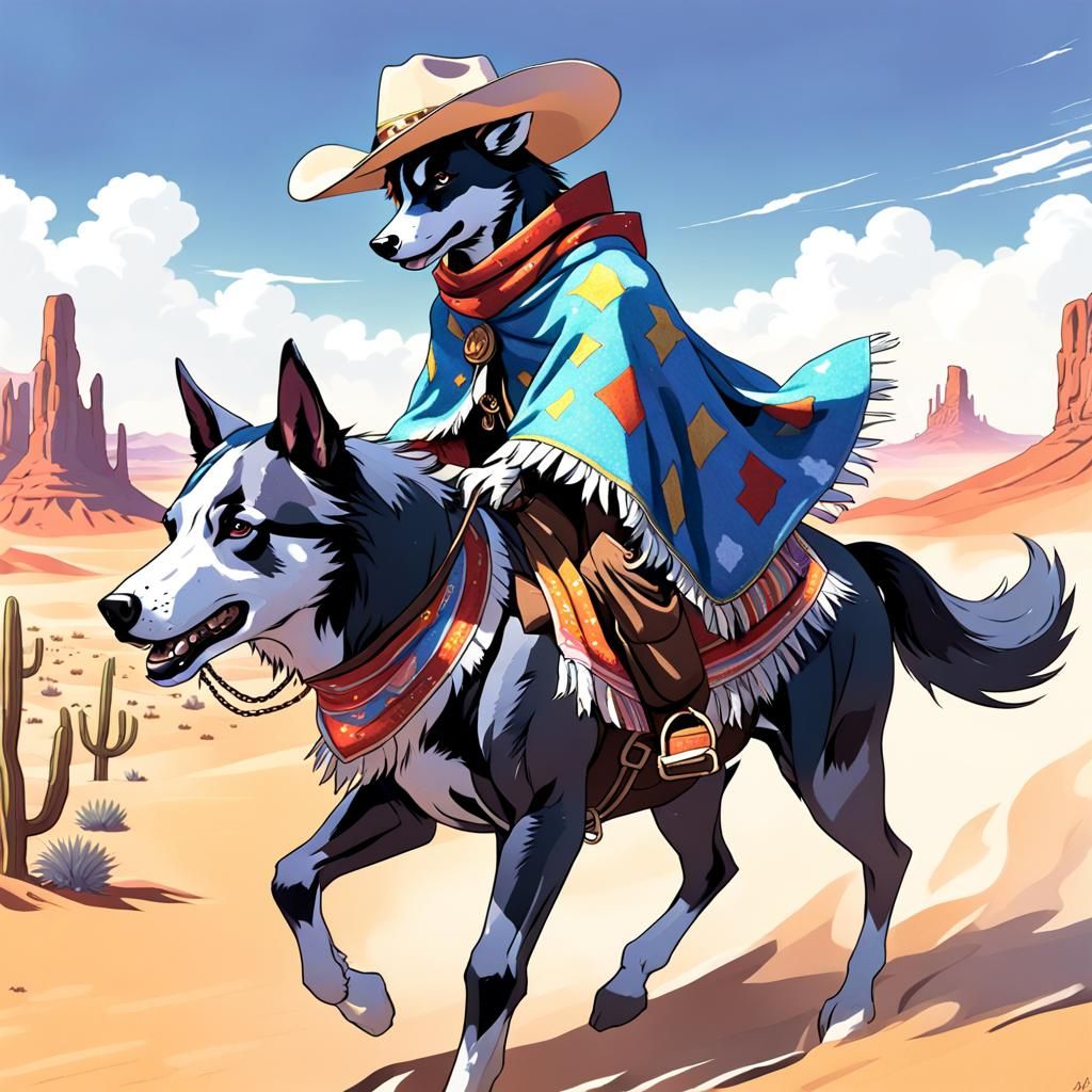 Werewolf Cowboy Rides with Dog: Anime Comic Art