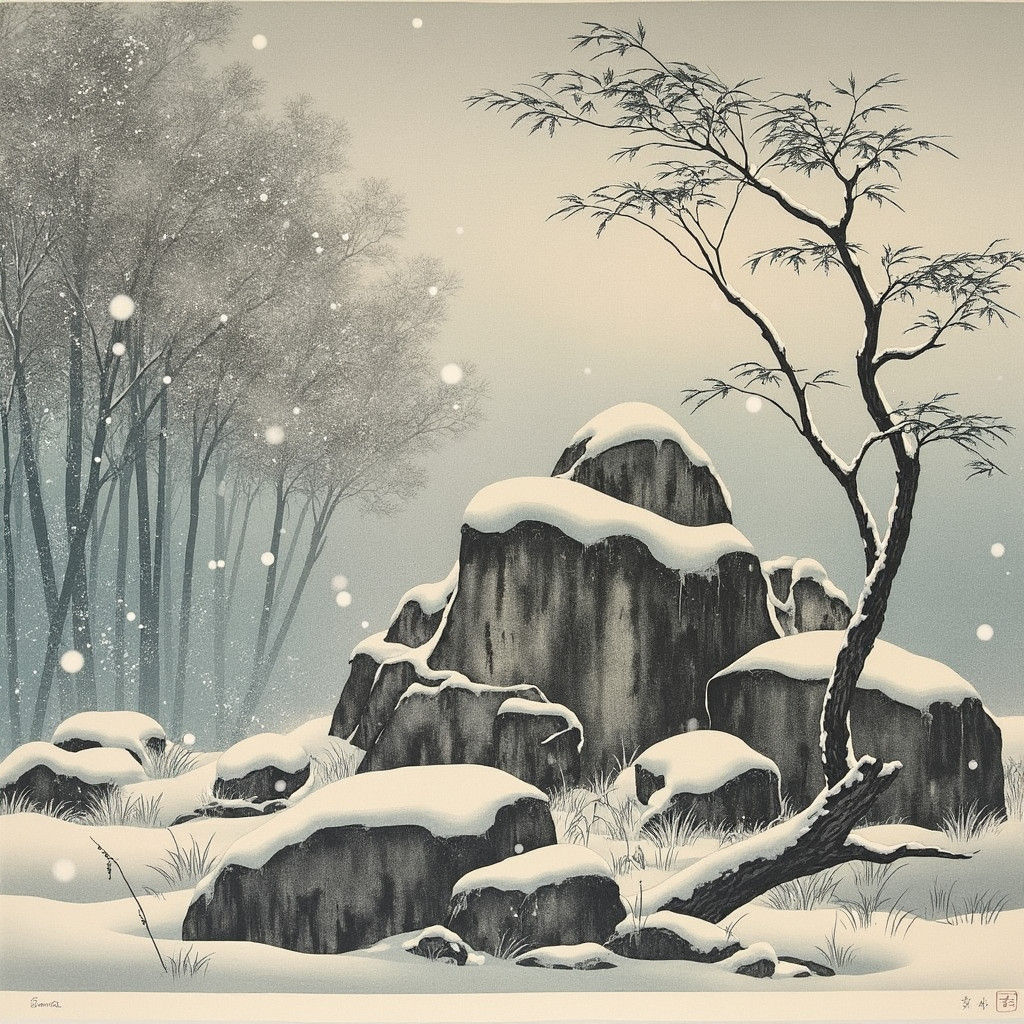 Winter Bamboo and Rock in Japanese Lithograph Style