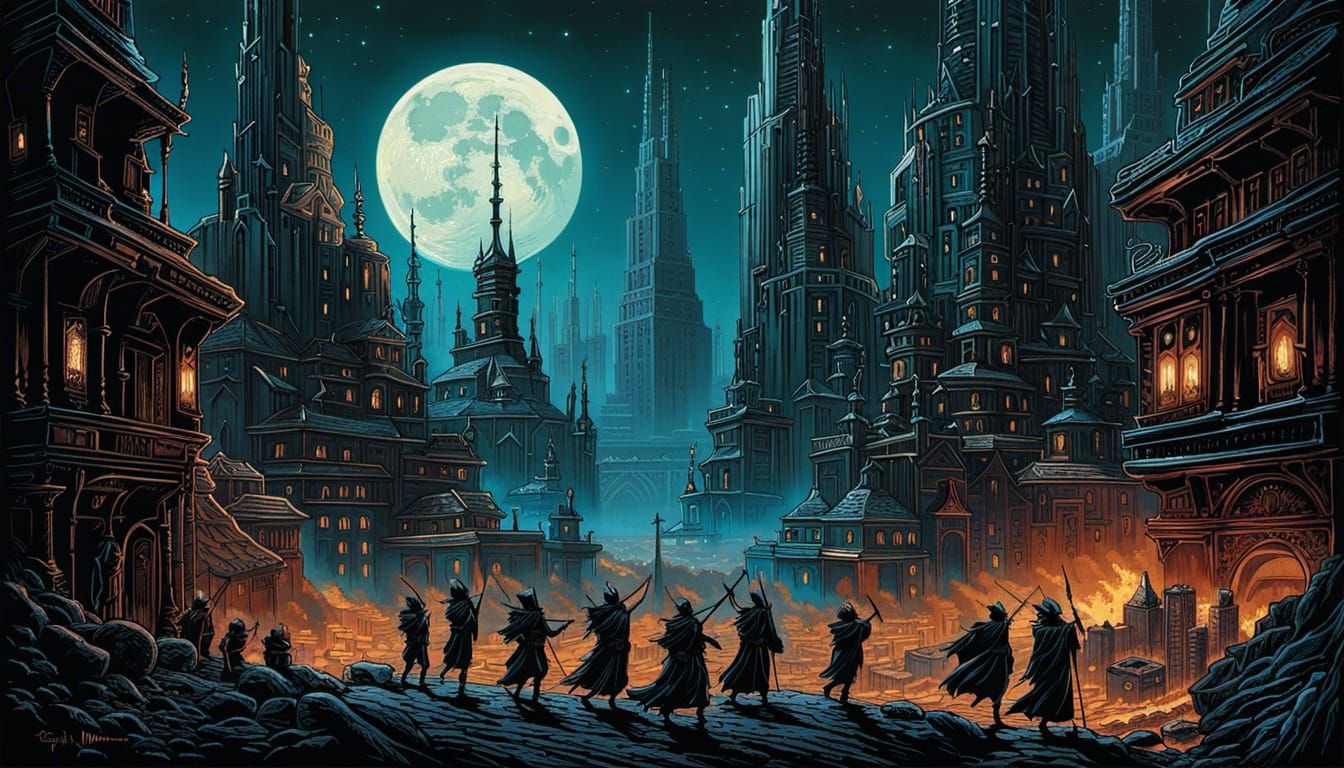 Moon Dancers in a Dystopian City, Dark Fantasy Art