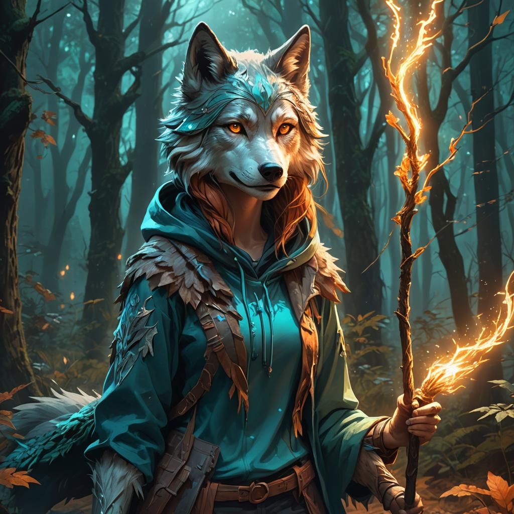 Gaming Wolf Girl in Mystical Forest Concept Art