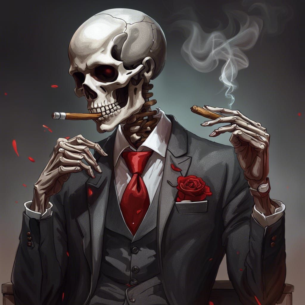 Smoking Skeleton in Suit: Hyperrealistic Art Portrait