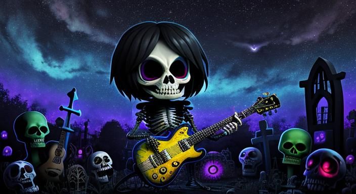 Psychedelic Chibi Skeleton Rocks Graveyard in 3D