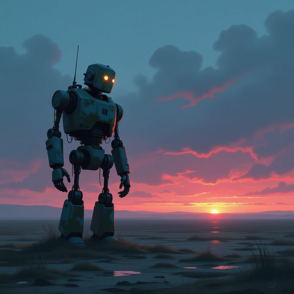 Ancient Robot on Desolate Plain in Melancholic Concept Art S...